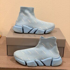 Balenciaga All Over Logo Speed 2.0 Light Blue (Women's)